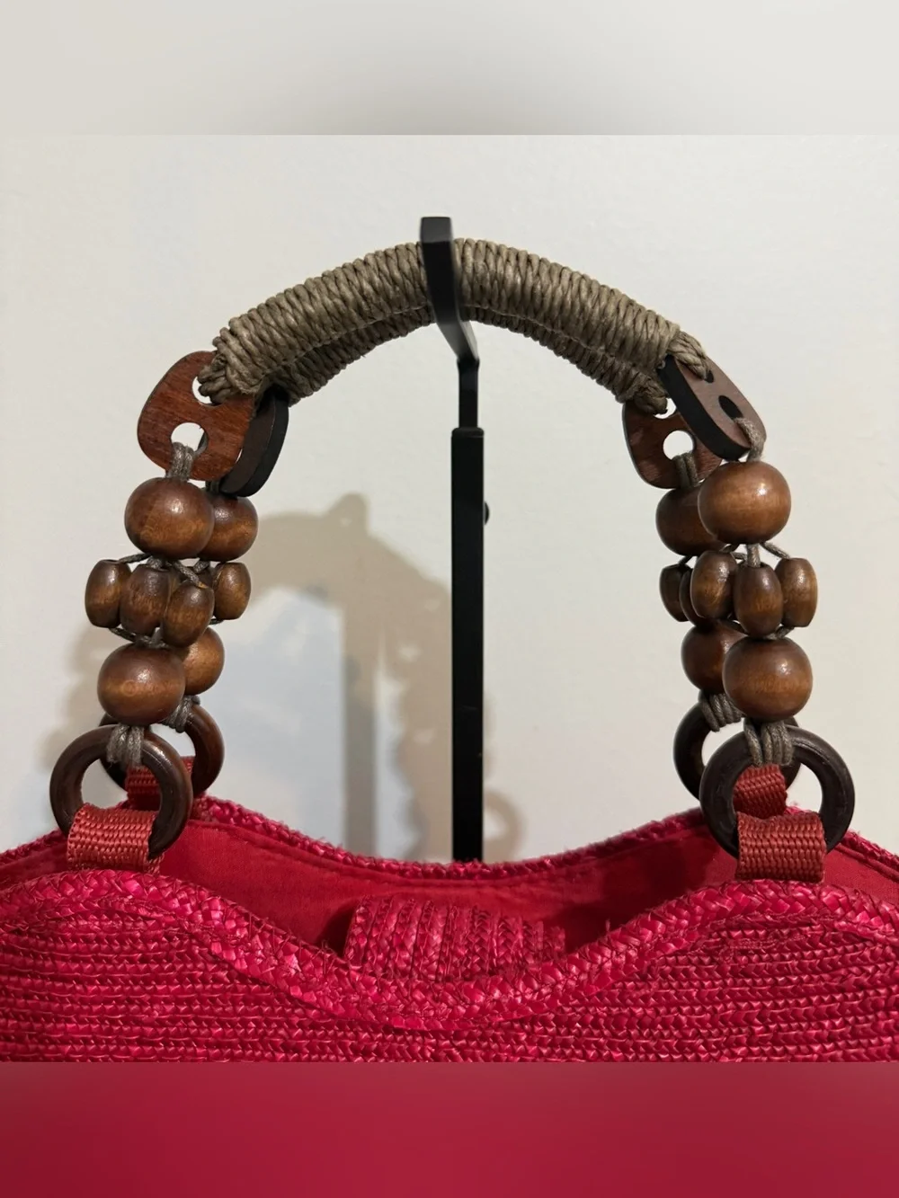 Vintage Red Woven Rattan Tote Bag Wood Beaded Handle Top Handle Boho Retro Purse